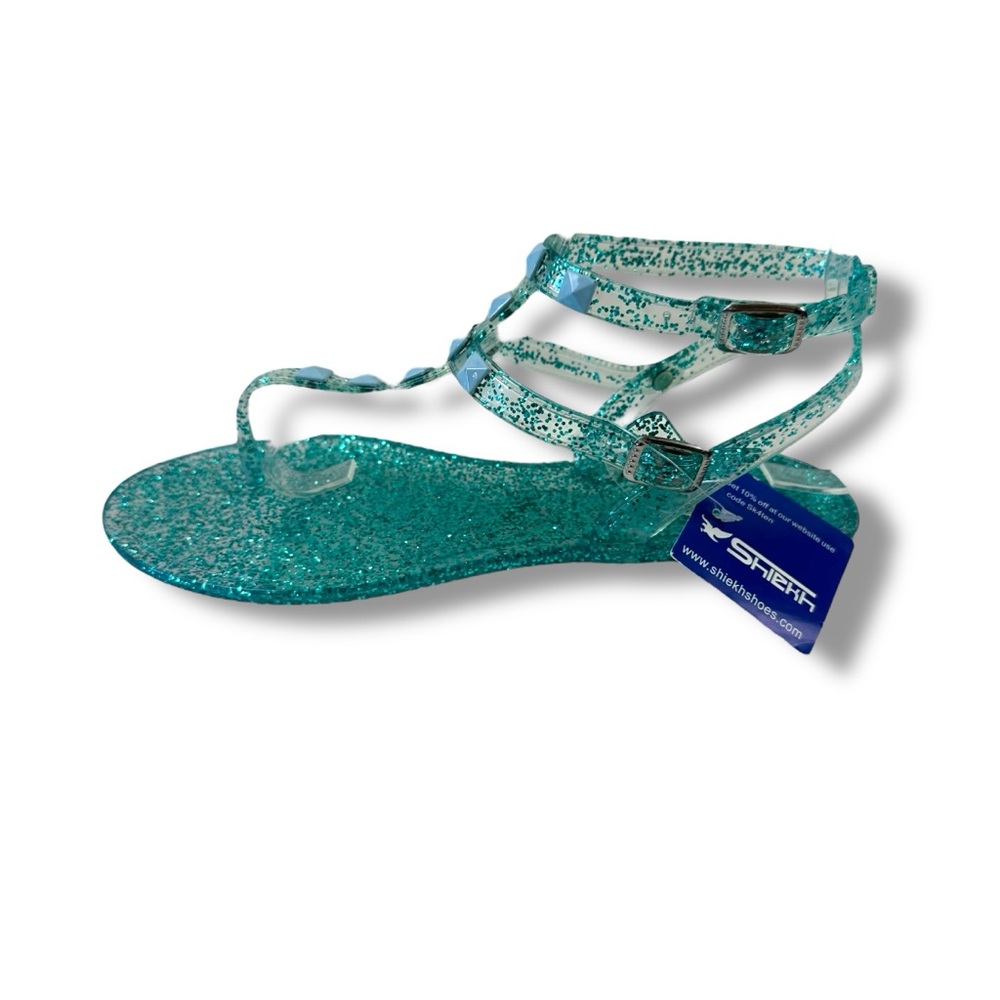Shiekh Women's Size 8 Strappy Jell Sandals Teal Glitter Sparkle Y2K Retro NWT